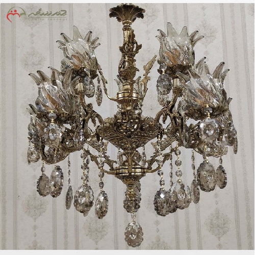 خرید، قیمت و مشخصات لوستر برنزی طرح دو گل کوچک، 10 شعله با سر شاخه های کریستالی طرح گل ناز و گارانتی رنگ بدنه - چترزندگی