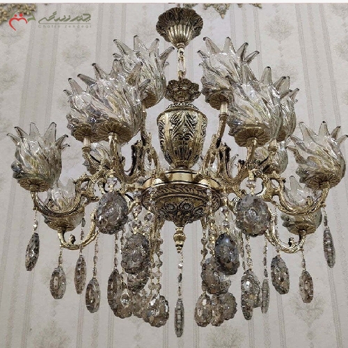 خرید، قیمت و مشخصات لوستر برنزی 16 شعله طرح دو گل سایز بزرگ مناسب پذیرایی با ظاهر عالی و نوردهی بی نظیر - چترزندگی