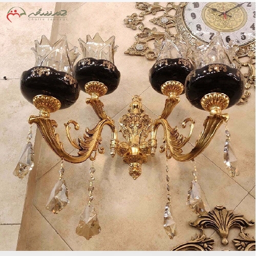 خرید، قیمت و مشخصات لوستر دیواری 4 شاخه بدنه ی برنز و سرامیک به رنگ طلایی و مشکی با گارانتی محصول - چترزندگی
