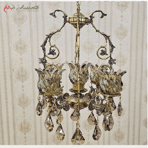 خرید، قیمت و مشخصات لوستر برنزی 5 شعله مناسب آشپزخانه، تولید شده با ظرافت بالا و رنگ چند لایه ی با کیفیت - چترزندگی