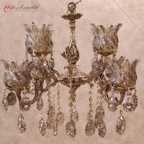 خرید، قیمت و مشخصات لوستر برنزی 8 شعله طرح دو گل کوچک طراحی شده با سر شاخه های کریستالی و رنگ طلایی - چترزندگی