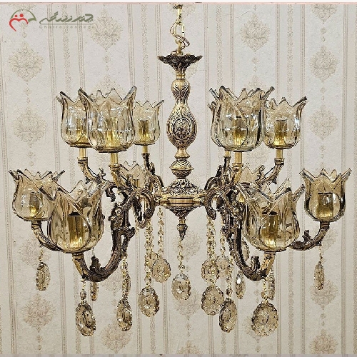 خرید، قیمت و مشخصات لوستر برنزی 12 شعله به رنگ آنتیک طرح دو گل سایز بزرگ و سر شاخه های کریستالی - چترزندگی