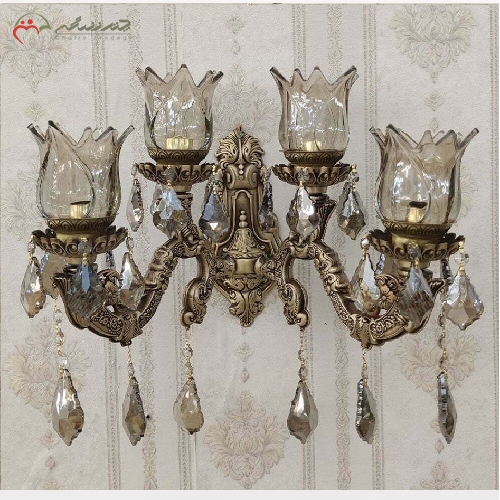 خرید، قیمت و مشخصات لوستر برنزی 4 شعله ی دیواری طرح پانیز با سر شاخه ی کریستالی و رنگ آنتیک دارای گارانتی - چترزندگی