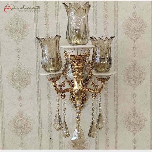 خرید، قیمت و مشخصات لوستر دیواری 3 شعله طرح فرشته، بدنه ی برنزی و سرامیکی با رنگ فورتیک آبکاری شده  - چترزندگی