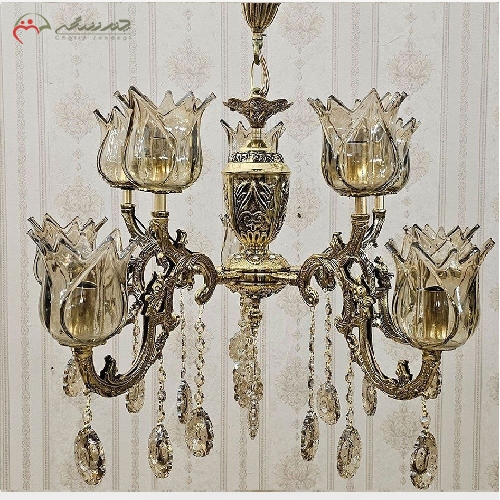 خرید، قیمت و مشخصات لوستر برنزی 10 شعله مدل دو گل، شاخه های پر کار و ظریف کاری شده به رنگ آنتیک - چترزندگی