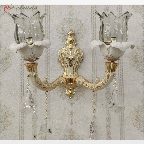 خرید، قیمت و مشخصات لوستر دو شاخه ی برنزی و سرامیکی رنگ کرم طلایی مدل کاپرین، با سر شاخه ی کریستالی - چترزندگی