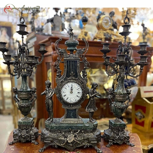 خرید، قیمت و مشخصات ست ساعت رومیزی و شمعدان برنزی عقابی، کار شده با سنگ سبز تراشکاری شده با ضمانت کد 463 - چترزندگی