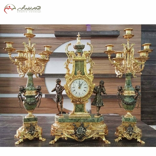 خرید، قیمت و مشخصات ست ساعت رومیزی و شمعدان با بدنه ی برنزی و سنگی به رنگ طلایی سبز با گارانتی کد 451 - چترزندگی