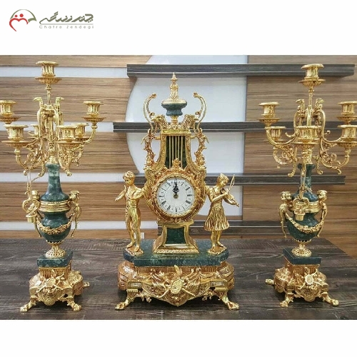 خرید، قیمت و مشخصات ساعت شمعدان برنزی با سنگ سبز کار شده و رنگ طلایی چند لایه با ضمانت و کیفیت بی نظیر کد 450 - چترزندگی