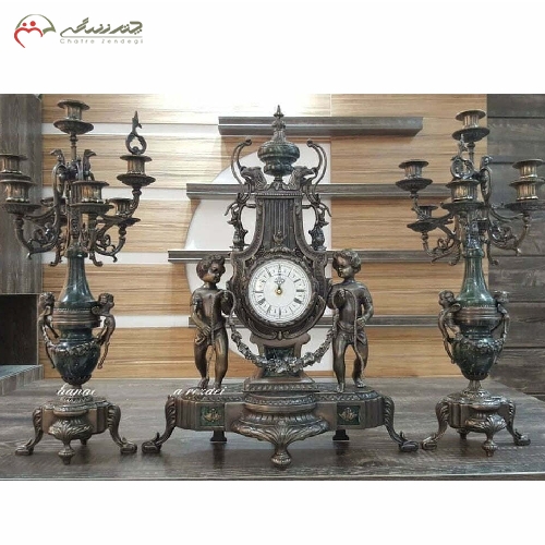 خرید، قیمت و مشخصات ست ساعت و شمعدان رومیزی با بدنه ی برنزی به رنگ آنتیک و سنگ سبز رنگ با گارانتی کد 442 - چترزندگی