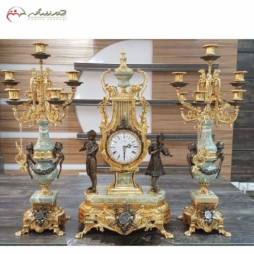 خرید، قیمت و مشخصات ست ساعت رومیزی و شمعدان برنزی طرح عقابی به رنگ فورتیک و سنگ سبز کار شده با ضمانت کد 415 - چترزندگی