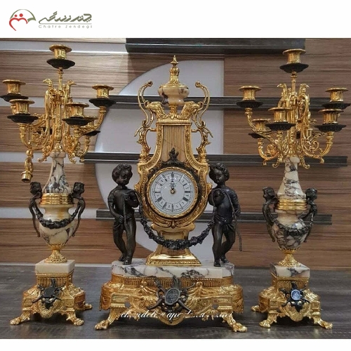 خرید، قیمت و مشخصات ست ساعت و شمعدان رومیزی طراحی و تولید شده با سنگ ویوله و بدنه ی تمام برنزی رنگ ثابت کد 453 - چترزندگی