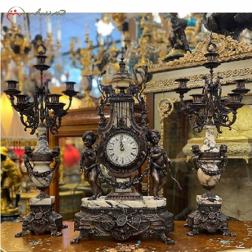 خرید، قیمت و مشخصات ست ساعت و شمعدان برنزی طرح عقابی به رنگ آنتیک و سنگ مشکی به کار رفته در بدنه کد 464 - چترزندگی