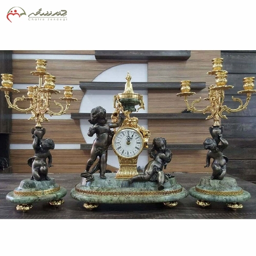 خرید، قیمت و مشخصات ساعت و شمعدان برنزی و پایه های سنگی سبز رنگ و رنگ فورتیک با دوام دارای گارانتی کد 432 - چترزندگی