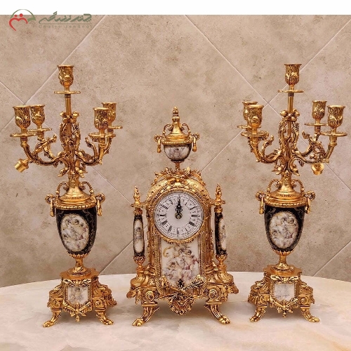 خرید، قیمت و مشخصات ست ساعت و شمعدان برنزی با رنگ فورتیک و سنگ سرمه ای به کار رفته با بالاترین کیفیت کد 409 - چترزندگی