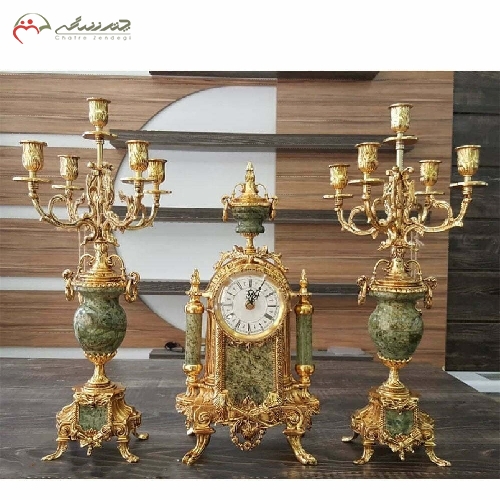 خرید، قیمت و مشخصات ساعت شمعدان برنزی طرح لانچینی با سنگ سبز طرح دار در بدنه و رنگ فورتیک چند لایه ی، با گارانتی کد 482 - چترزندگی