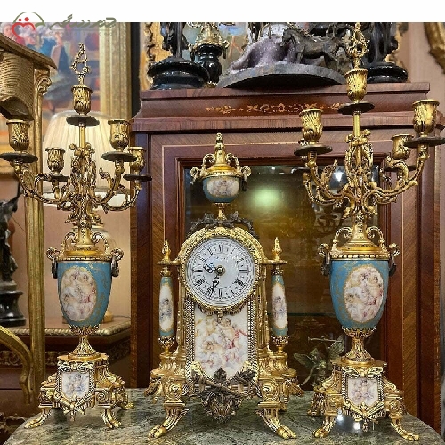 خرید، قیمت و مشخصات ست ساعت و شمعدان برنزی به رنگ آنتیک، طرح لانچینی و چینی رنگ فیروزه ای با ظاهر عالی کد 468 - چترزندگی