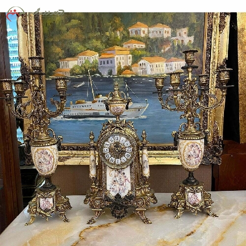 خرید، قیمت و مشخصات ست ساعت و شمعدان برنزی مدل لانچینی و رنگ کرمی چینی های به کار رفته در بدنه با ضمانت کد466 - چترزندگی