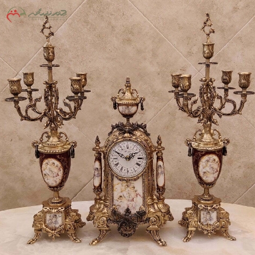 خرید، قیمت و مشخصات ست ساعت و شمعدان برنزی به رنگ فورتیک دودی با چینی های سرمه ای طرح دار و ظرافت بی نظیر کد 410 - چترزندگی
