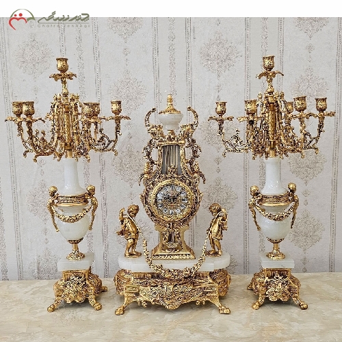 خرید، قیمت و مشخصات ست ساعت رومیزی و شمعدان برنزی طرح خروسی با رنگ طلایی فورتیک و آبکاری شده با ضمانت کد 426s - چترزندگی