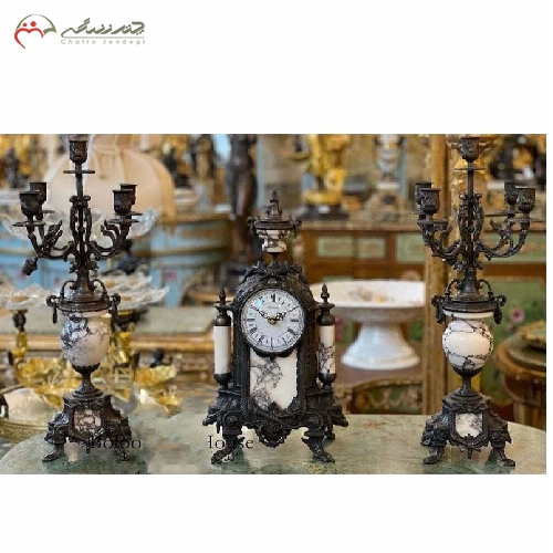 خرید، قیمت و مشخصات ست ساعت و شمعدان رومیزی طرح ویوله، بدنه ی تمام برنزی به رنگ آنتیک و سنگ سفید کد 477 - چترزندگی