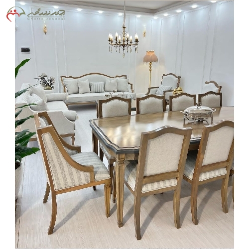 خرید، قیمت و مشخصات ست مبل 8 نفره همراه ناهار خوری 10 نفره، بدنه ی چوب راش و پارچه ی بسیار با کیفیت دارای رنگ بندی متنوع - چترزندگی