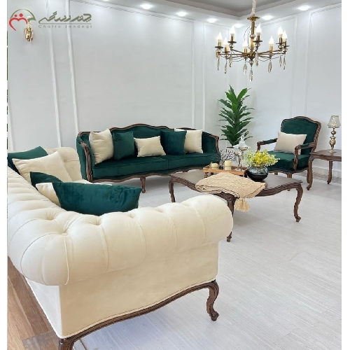 خرید، قیمت و مشخصات ست مبل و ناهار خوری به رنگ قهوه ای سوخته و پارچه سبز و شیری با تنوع رنگ بسیار بالا به انتخاب شما - چترزندگی