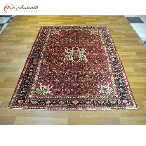 خرید، قیمت و مشخصات فرش دستبافت همدان با نقشه ی لچک و ترنج به رنگ لاکی و حاشیه های سرمه ای کد 39795 - چترزندگی