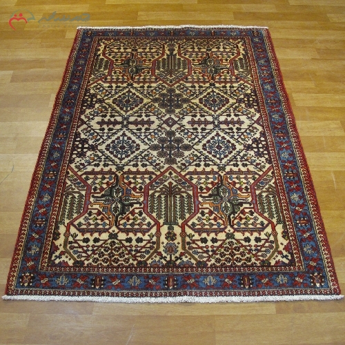 خرید، قیمت و مشخصات فرش دستبافت میمه به رنگ لاکی و حاشیه های آبی طرح نقشه ی سراسری و تقارن رنگ عالی کد 39816 - چترزندگی