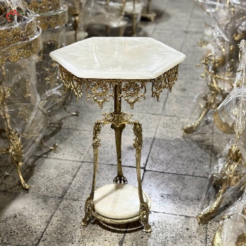 خرید، قیمت و مشخصات میز 6 گوش طرح ایفل با بدنه ی برنزی و رویه سنگ، حاشیه ها طرح آفتاب، قیمت مناسب و کیفیت عالی - چترزندگی