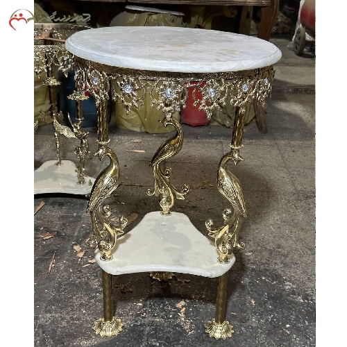 خرید، قیمت و مشخصات میز سه پایه ی دو طبقه با بدنه ی برنزی و رویه سنگ مرمر، طرح آفتاب با دوام بالا و رنگ ثابت - چترزندگی