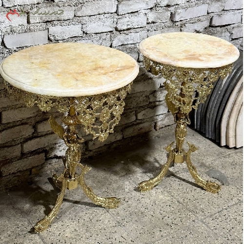 خرید، قیمت و مشخصات میز تلفن برنزی طرح پایه ماهی در دو سایز 40 و 50 سانت با صفحه ی سنگ مرمر و حاشیه ی گل رز تاج دار - چترزندگی