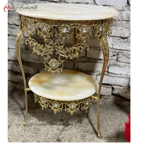 خرید، قیمت و مشخصات میز تلفن برنزی دو طبقه با رویه ی سنگ مرمر و بدنه ی طرح گل آفتابگردان، دارای ضمانت رنگ و بدنه محصول - چترزندگی