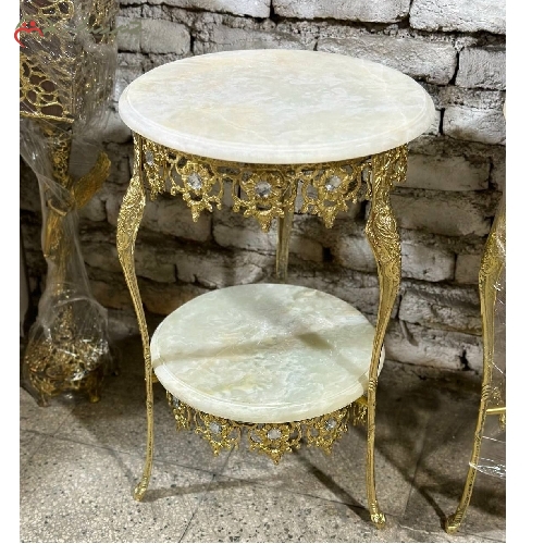 خرید، قیمت و مشخصات میز تلفن برنزی دو طبقه طرح گل آفتاب گردان و رویه ی مرمر، تولید شده با ظرافت و کیفیت بی نظیر - چترزندگی