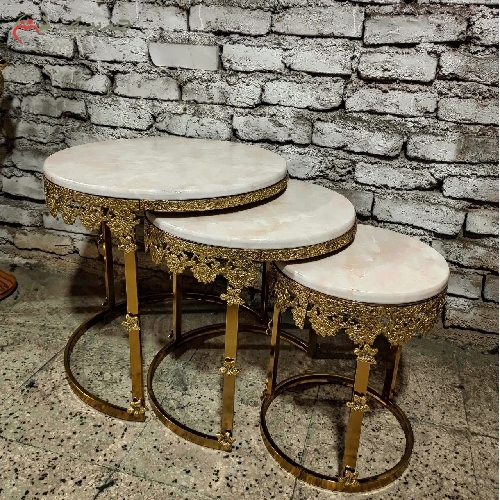 خرید، قیمت و مشخصات میز عسلی سه تکه ی برنزی در سه سایز مختلف با رویه ی سنگ مرمر سفید و طراحی به روز با ضمانت - چترزندگی