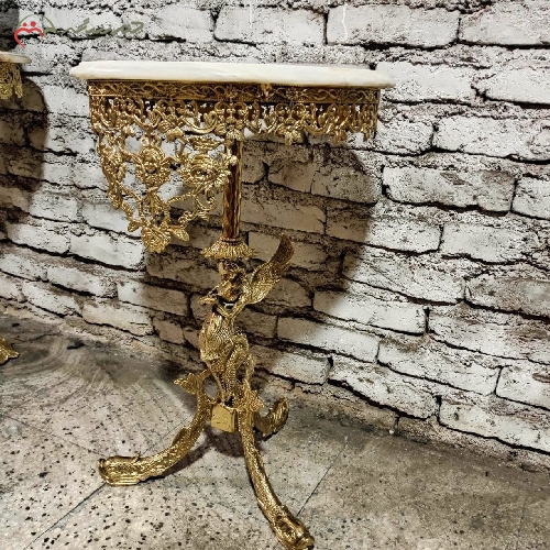 خرید، قیمت و مشخصات میز تلفن برنزی با پایه های طرح ماهی و ستون طرح فرشته، بدنه ی پر کار با رنگ چند لایه دارای ضمانت - چترزندگی