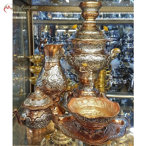 خرید، قیمت و مشخصات سماور ذغالی 5 لیتری طرح ممتاز با آبکاری مس و نقره، بدنه ی برنجی ضخیم و با دوام دارای ضمانت - چترزندگی