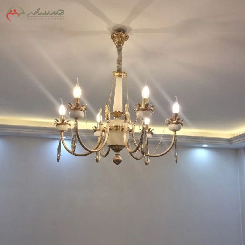 خرید، قیمت و مشخصات لوستر 6 شاخه ی تمام برنزی با رنگ طلایی و ترکیب شده با سنگ مرمر، فروش زیر قیمت بازار با ضمانت رنگ بدنه - چترزندگی
