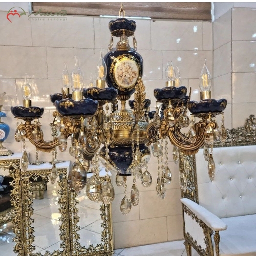 خرید، قیمت و مشخصات لوستر 12 شاخه ی تمام برنزی ترکیب شده با سرامیک سرمه ای با بدنه ی پر کار با رنگ ثابت دارای ضمانت نامه - چترزندگی