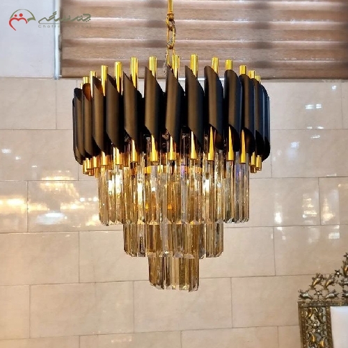 خرید، قیمت و مشخصات لوستر برنزی کریستالی با رنگ آبکاری شده ی طلایی و کریستال های آویزی زیبا با طراحی شیک و مدرن - چترزندگی