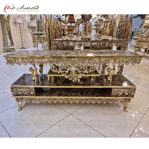 خرید، قیمت و مشخصات میز تلویزیون آلیاژ طرح گل رز با بدنه ی پر کار و رنگ فورتیک، رویه کار از جنس هایگلس، دارای ضمانت - چترزندگی