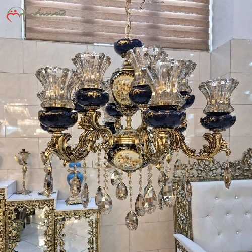 خرید، قیمت و مشخصات لوستر 6 شاخه ی تمام برنزی ترکیب شده باسرامیک سرمه ای با سر شاخه های کریستالی دارای ضمانت - چترزندگی