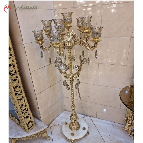 خرید، قیمت و مشخصات کنار سالنی 11 شعله ی آبکاری شده به رنگ فورتیک و بدنه ی پر کار با پایه ی سنگی، دارای گارانتی - چترزندگی