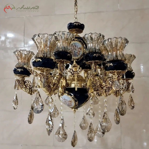 خرید، قیمت و مشخصات لوستر 12 شعله ی ترکیب شده با آلیاژ و سرامیک سرمه ای با 10 سال گارانتی رنگ بدنه، زیر قیمت بازار - چترزندگی