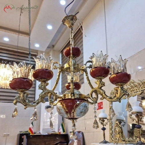 خرید، قیمت و مشخصات لوستر برنزی 6 شعله بدنه ی ترکیب شده با سرامیک زرشکی و رنگ بدنه ی آبکاری شده با ضمانت - چترزندگی