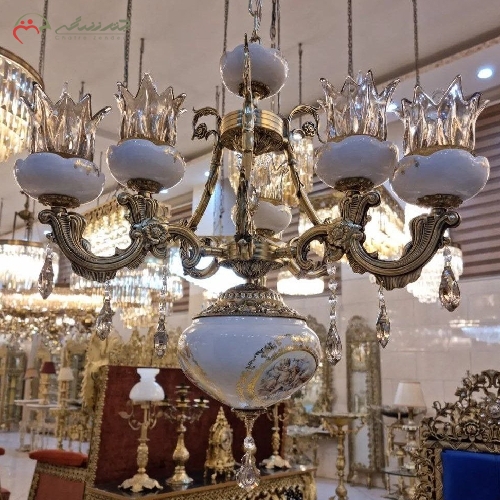 خرید، قیمت و مشخصات لوستر برنزی سرامیکی 6 شعله با طراحی کلاسیک و بدنه ی پر کار، تولید شده با متریال درجه یک - چترزندگی