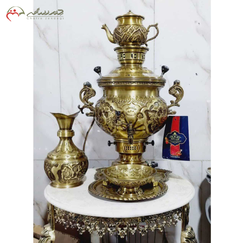 خرید، قیمت و مشخصات سرویس کامل سماور گازی برنجی 6 لیتری با ورق ضخیم - چترزندگی