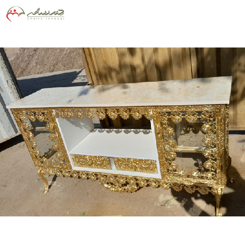 خرید، قیمت و مشخصات میز تلویزیون آبکاری دارای 2 کشو و 2 کابین طرح ساده، ارزان و با کیفیت _ چترزندگی