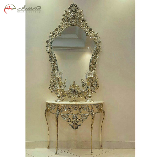 خرید، قیمت و مشخصات آینه کنسول همراه با شمعدان و ساعت رومیزی برنزی، با آبکاری درجه 1 مدل جدید، ارزان و با کیفیت _ چتر زندگی