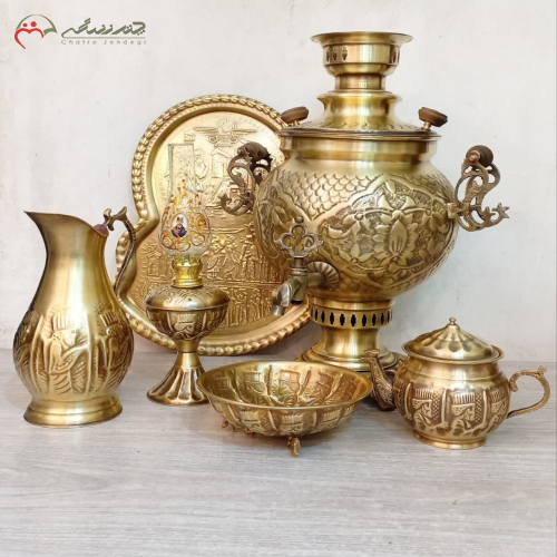 سرویس سماور زغالی برنجی طرح فرش